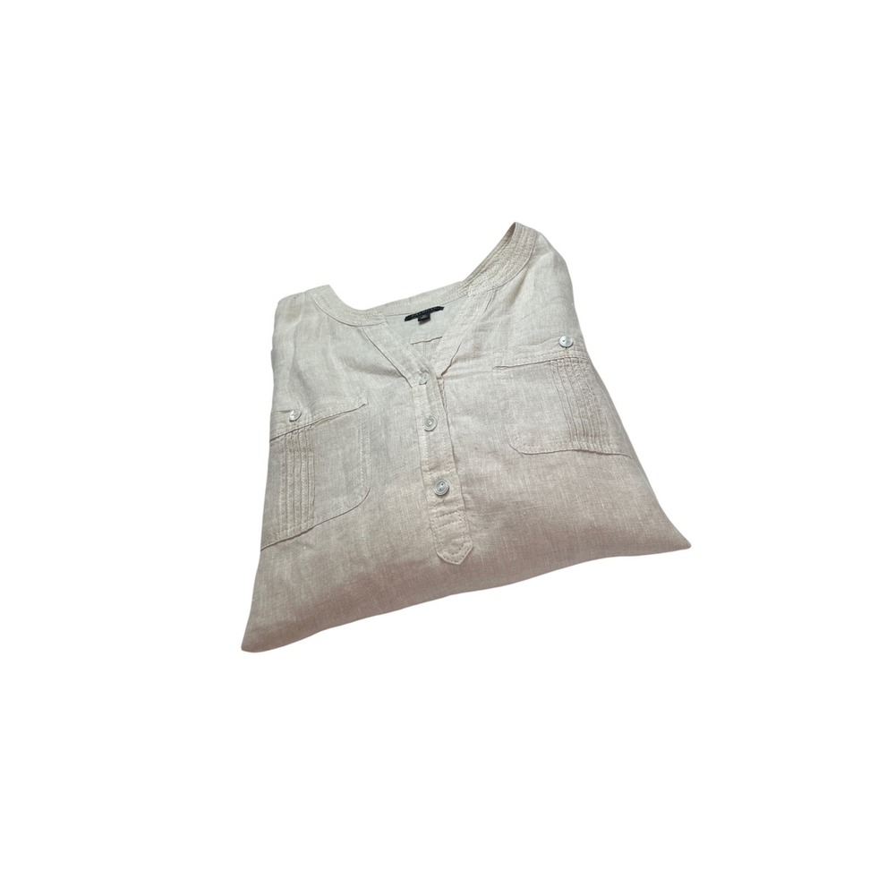 Talbots Linen Henley Blouse Women Size M‎ Beige Roll Tab Sleeve Pintuck F17 - Picture 13 of 13